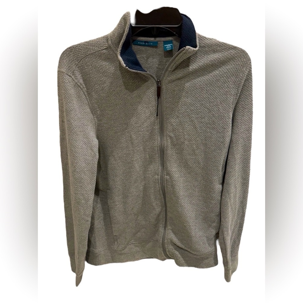 Perry Ellis Grayish Cotton Poly Fleece Zippered SWEATER Small